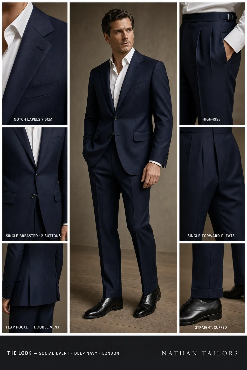 deep navy single-breasted notch-lapel bespoke suit — AI-rendered by Nathan Tailors, the Hoi An custom tailor. Available as a custom tailored suit from $149.