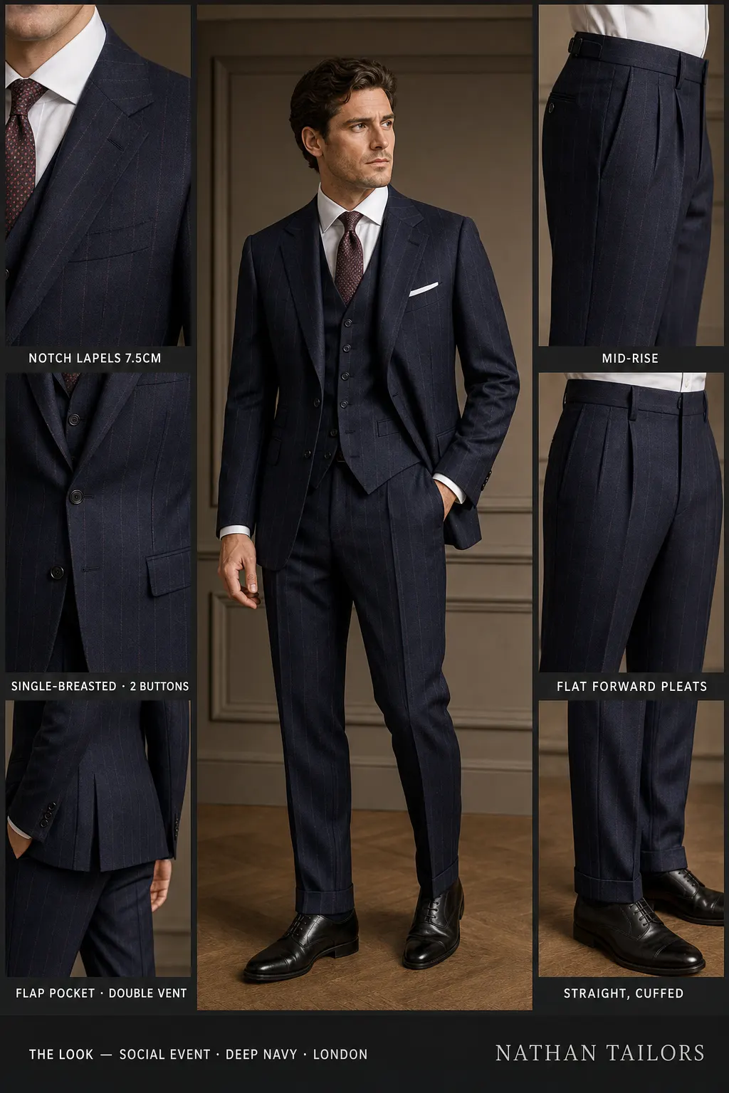 deep navy single-breasted notch-lapel bespoke suit โ AI-rendered by Nathan Tailors, the Hoi An custom tailor. Available as a custom tailored suit from $149.