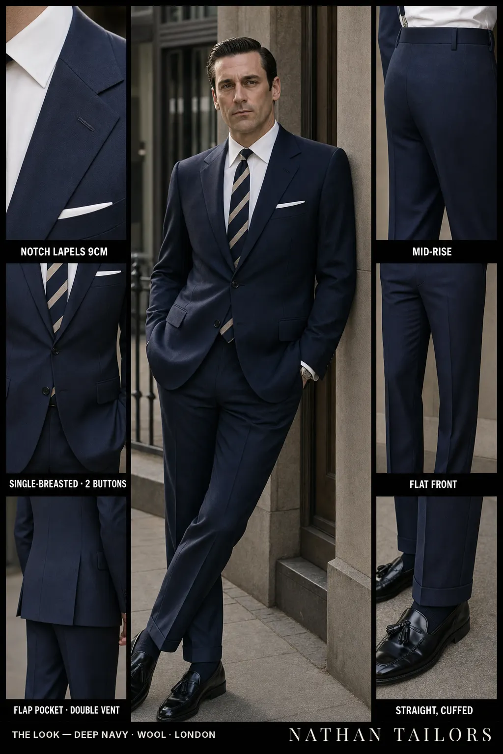 deep navy single-breasted notch-lapel bespoke suit — AI-rendered by Nathan Tailors, the Hoi An custom tailor. Available as a custom tailored suit from $149.