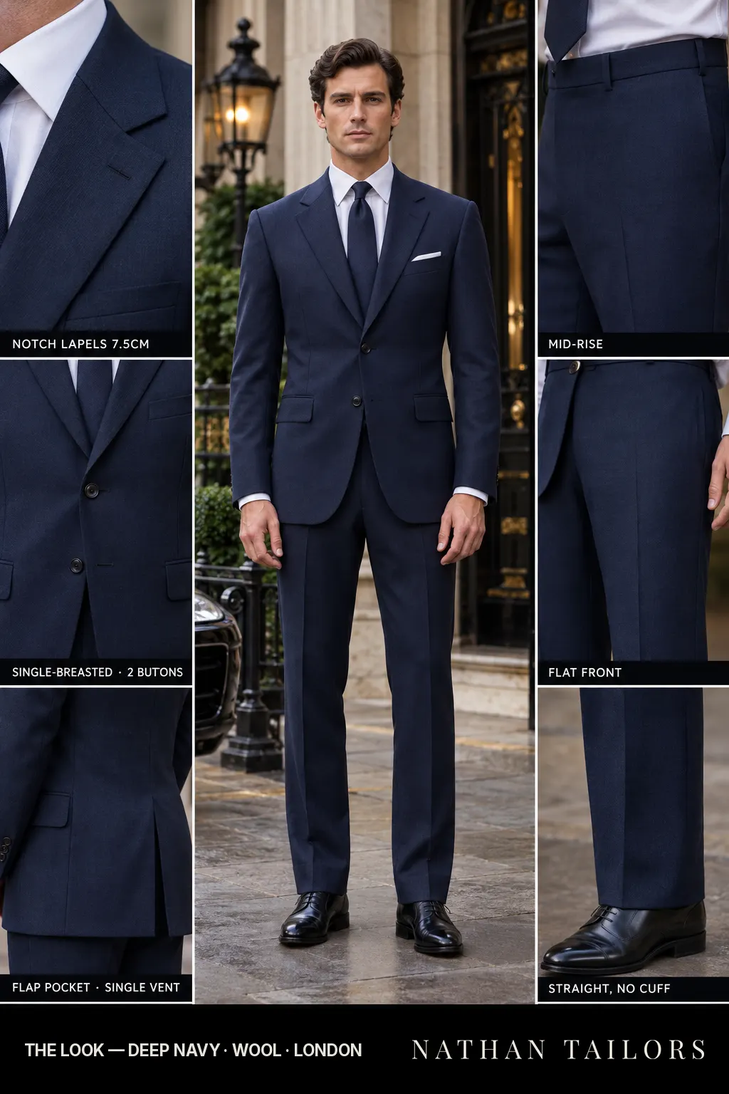deep navy single-breasted bespoke suit โ custom tailored by Nathan Tailors, the Hoi An custom tailor