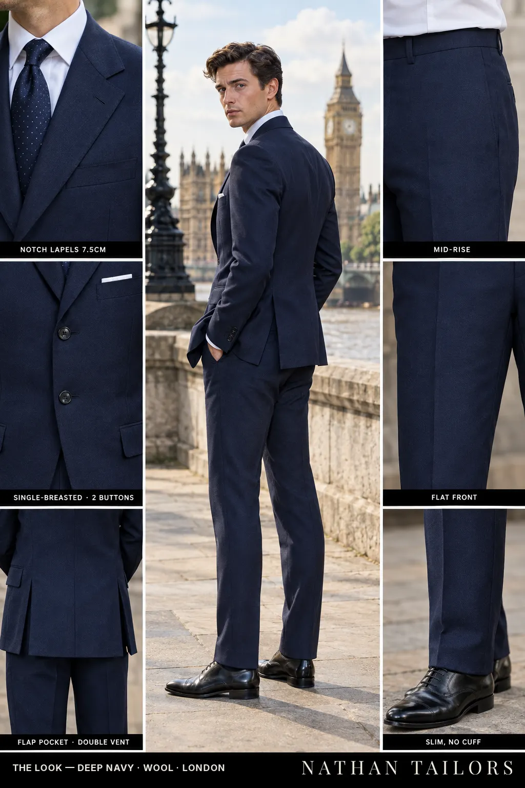deep navy single-breasted notch-lapel bespoke suit โ AI-rendered by Nathan Tailors, the Hoi An custom tailor. Available as a custom tailored suit from $149.