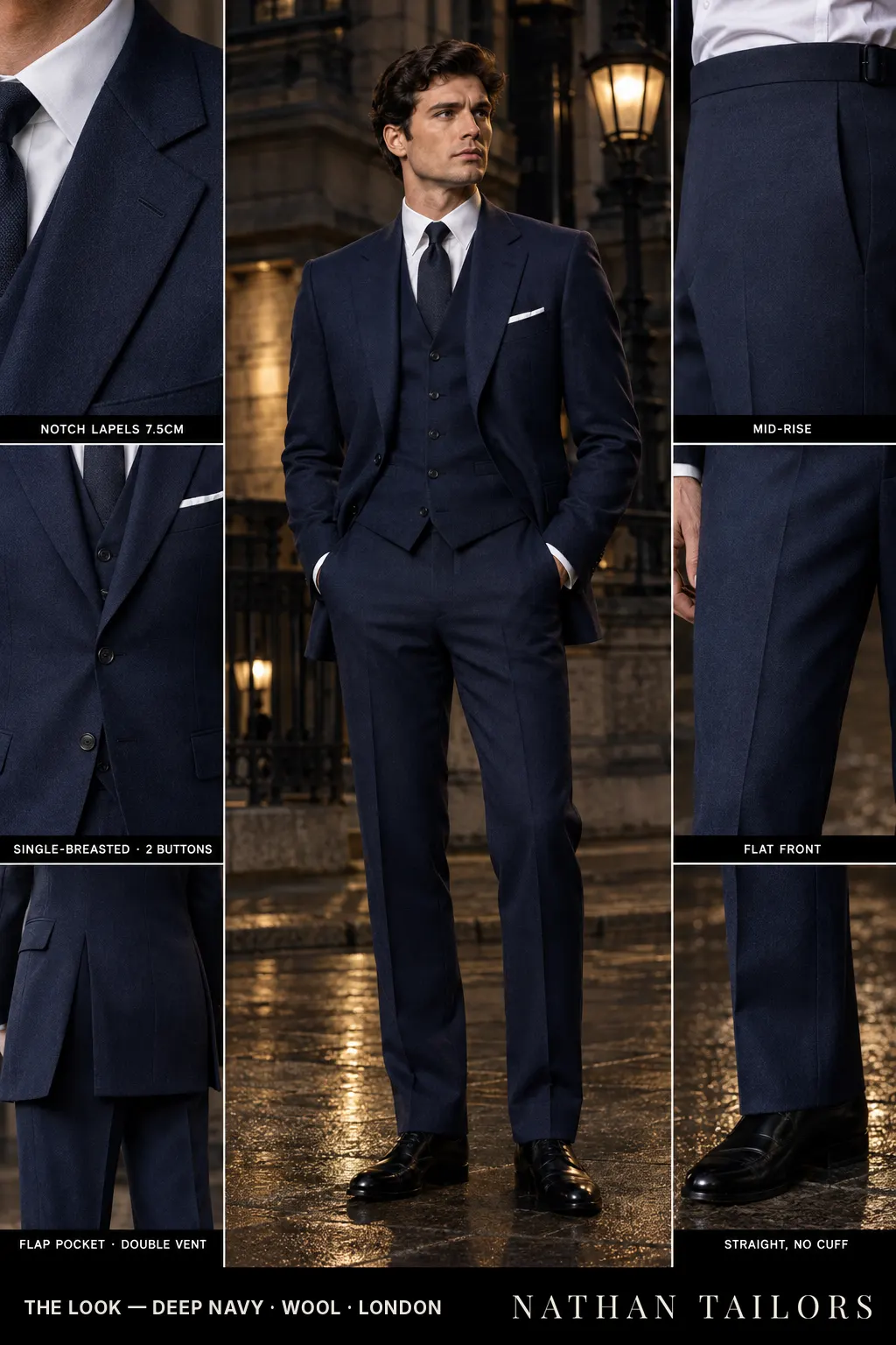 deep navy single-breasted notch-lapel bespoke suit โ AI-rendered by Nathan Tailors, the Hoi An custom tailor. Available as a custom tailored suit from $149.