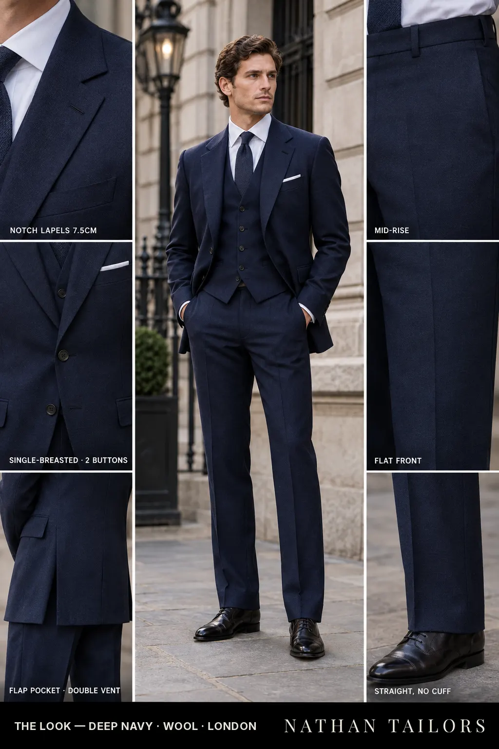deep navy single-breasted notch-lapel bespoke suit — AI-rendered by Nathan Tailors, the Hoi An custom tailor. Available as a custom tailored suit from $149.