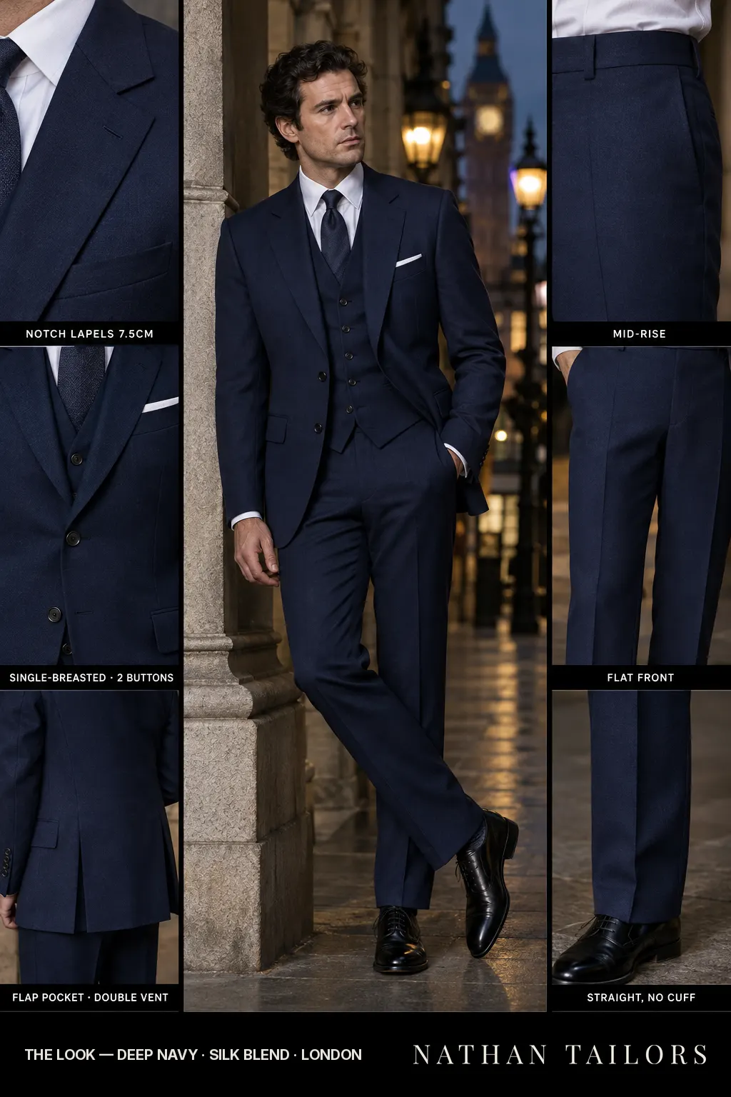 deep navy single-breasted bespoke suit โ custom tailored by Nathan Tailors, the Hoi An custom tailor