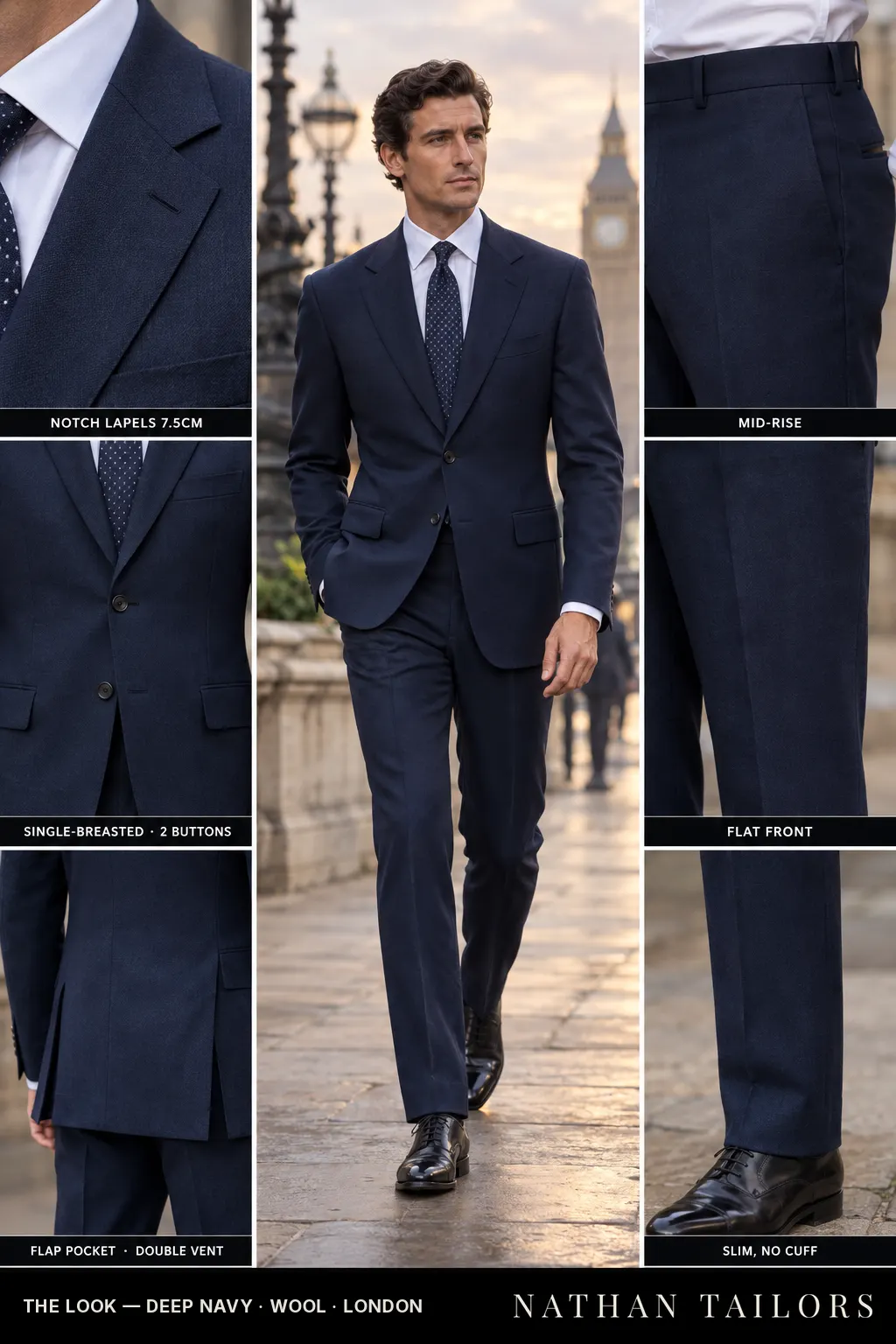 deep navy single-breasted bespoke suit โ custom tailored by Nathan Tailors, the Hoi An custom tailor