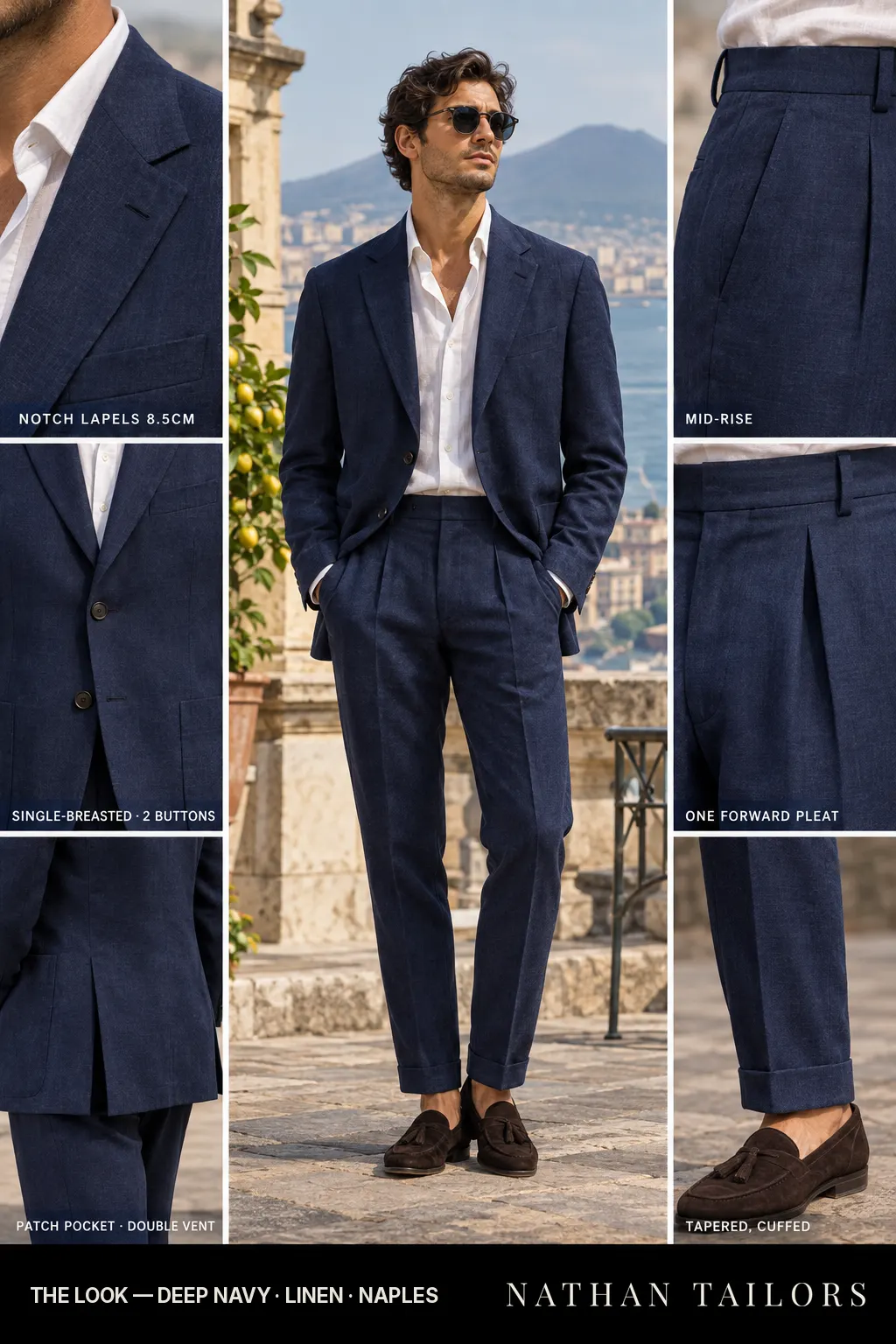 deep navy single-breasted bespoke suit — custom tailored by Nathan Tailors, the Hoi An custom tailor