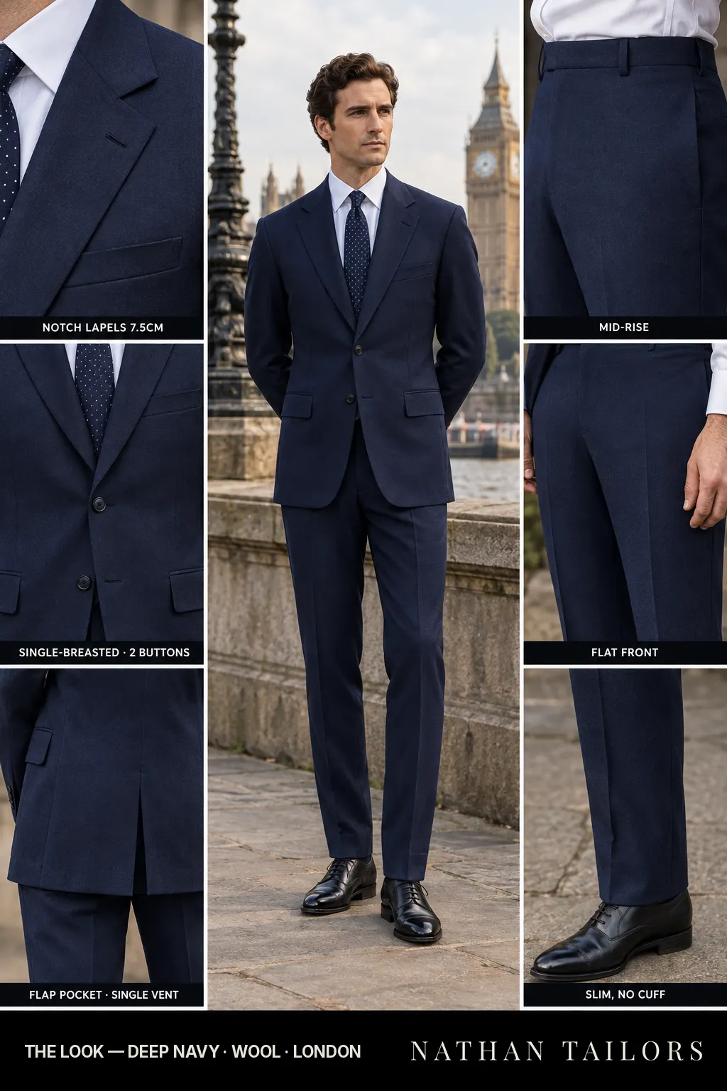 deep navy single-breasted notch-lapel bespoke suit — AI-rendered by Nathan Tailors, the Hoi An custom tailor. Available as a custom tailored suit from $149.