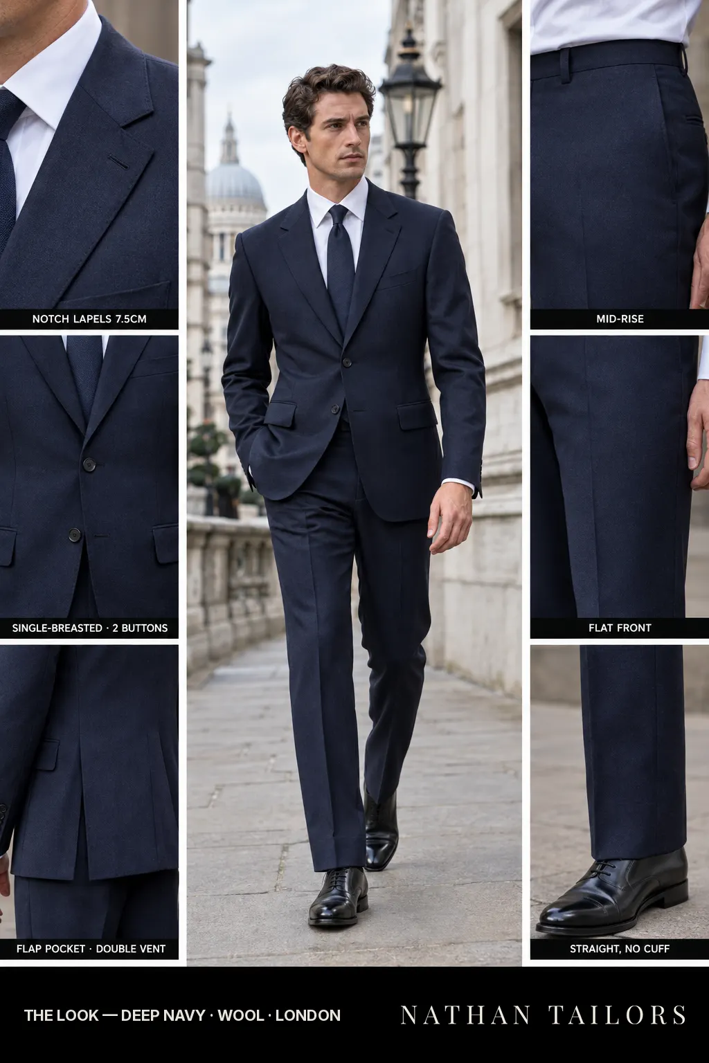 deep navy single-breasted bespoke suit โ custom tailored by Nathan Tailors, the Hoi An custom tailor