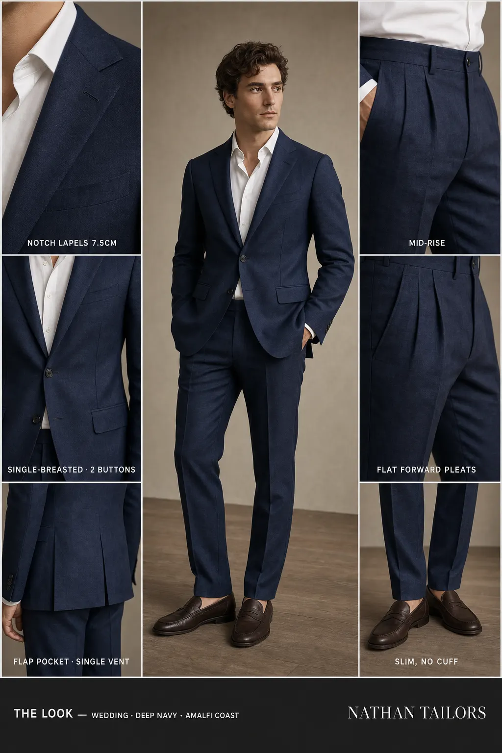 deep navy single-breasted notch-lapel bespoke suit — AI-rendered by Nathan Tailors, the Hoi An custom tailor. Available as a custom tailored suit from $149.