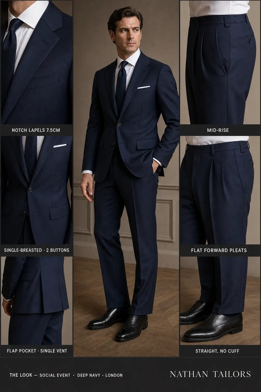 deep navy single-breasted notch-lapel bespoke suit โ AI-rendered by Nathan Tailors, the Hoi An custom tailor. Available as a custom tailored suit from $149.
