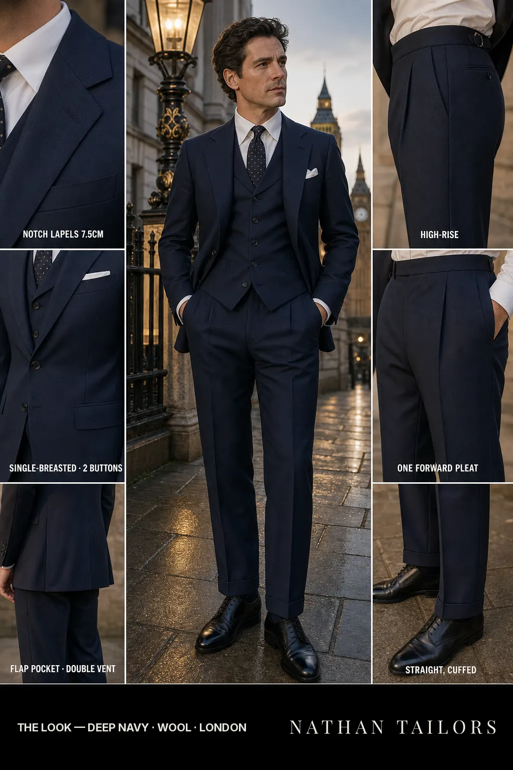deep navy single-breasted notch-lapel bespoke suit โ AI-rendered by Nathan Tailors, the Hoi An custom tailor. Available as a custom tailored suit from $149.