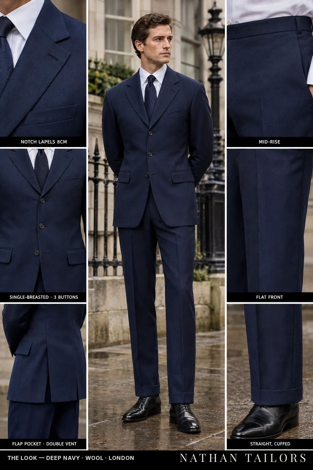 deep navy single-breasted bespoke suit — custom tailored by Nathan Tailors, the Hoi An custom tailor