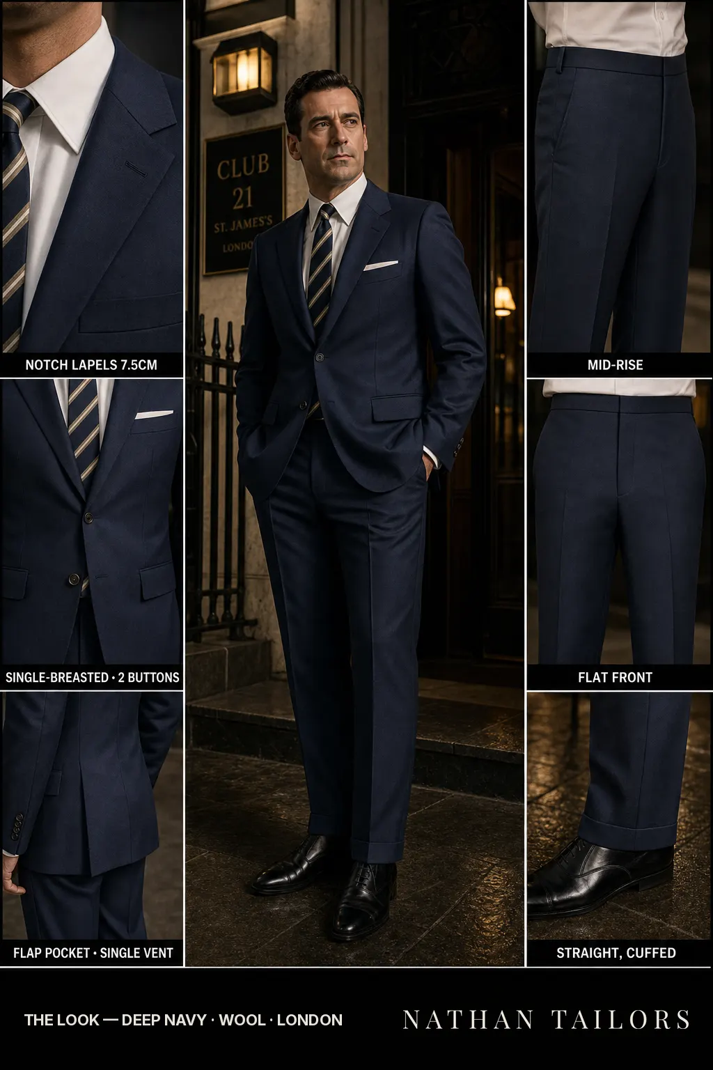 deep navy single-breasted notch-lapel bespoke suit — AI-rendered by Nathan Tailors, the Hoi An custom tailor. Available as a custom tailored suit from $149.
