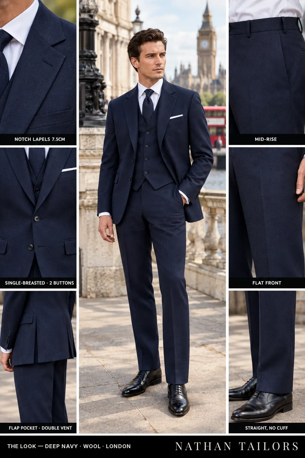 deep navy single-breasted notch-lapel bespoke suit โ AI-rendered by Nathan Tailors, the Hoi An custom tailor. Available as a custom tailored suit from $149.