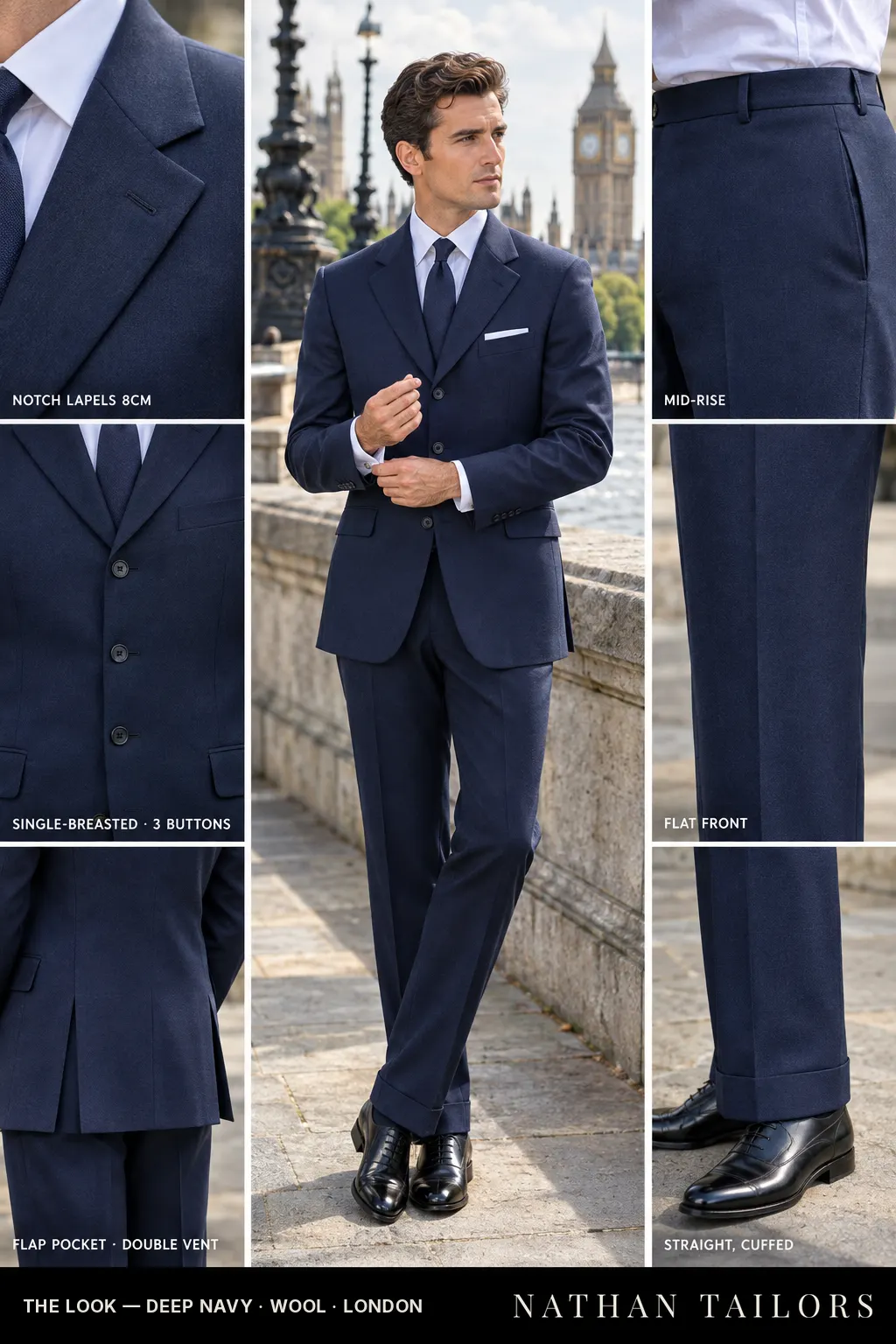 deep navy single-breasted bespoke suit — custom tailored by Nathan Tailors, the Hoi An custom tailor