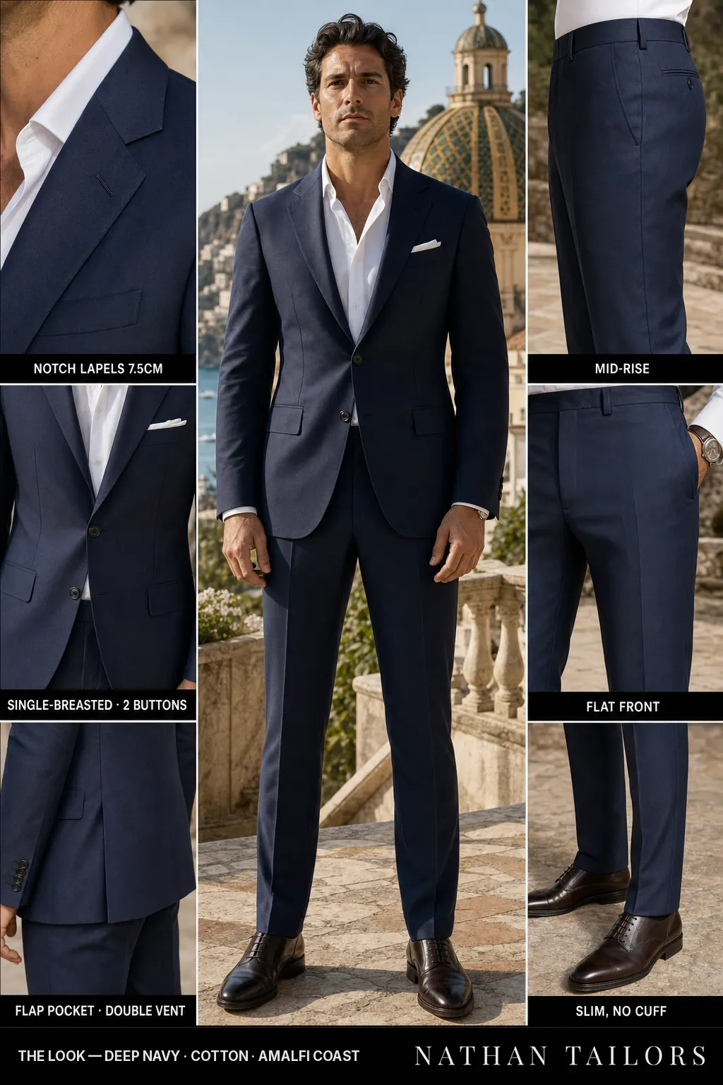 deep navy single-breasted bespoke suit — custom tailored by Nathan Tailors, the Hoi An custom tailor