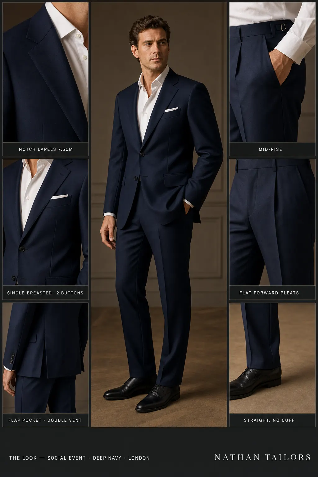 deep navy single-breasted notch-lapel bespoke suit — AI-rendered by Nathan Tailors, the Hoi An custom tailor. Available as a custom tailored suit from $149.