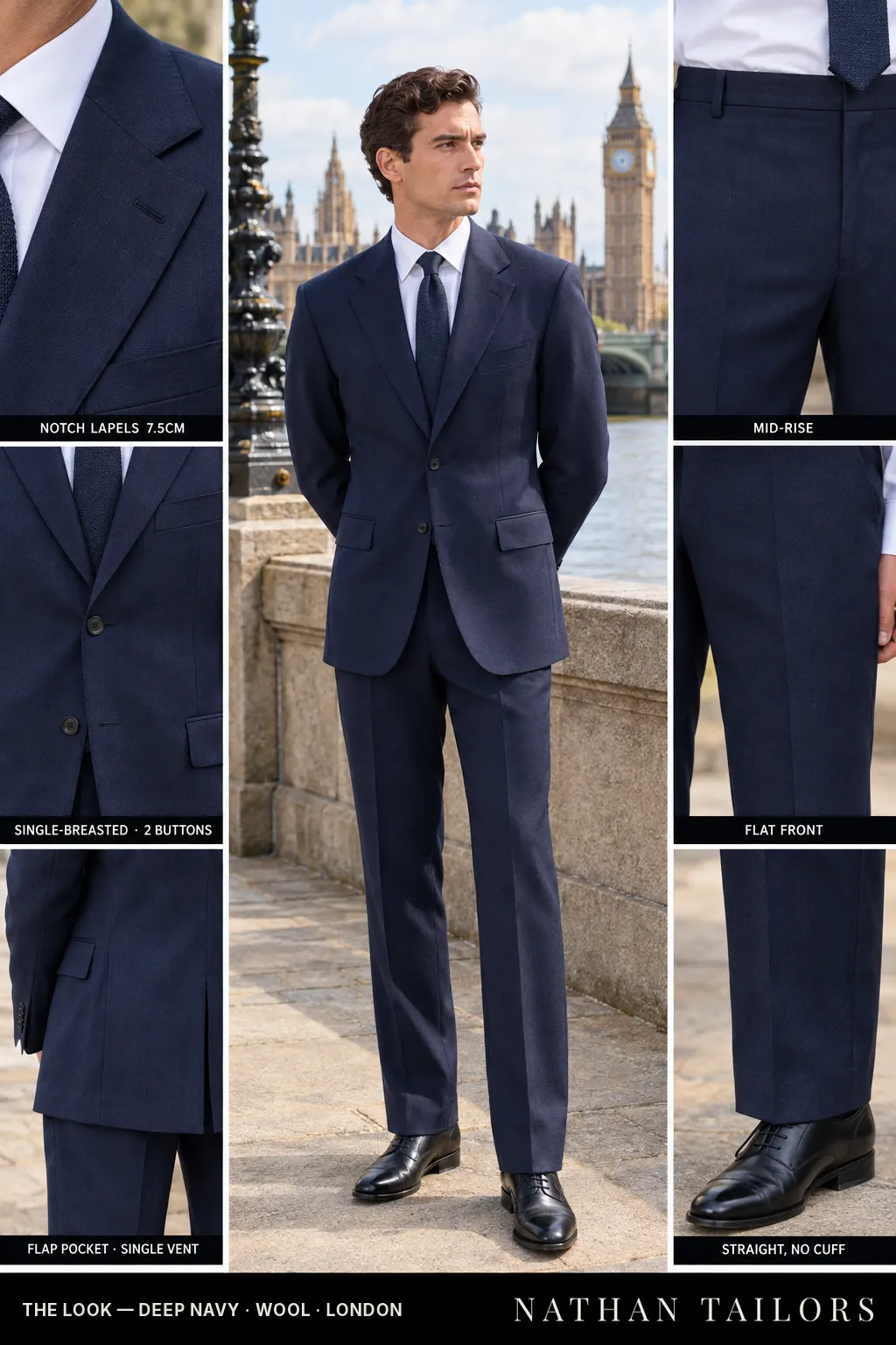 deep navy single-breasted bespoke suit โ custom tailored by Nathan Tailors, the Hoi An custom tailor
