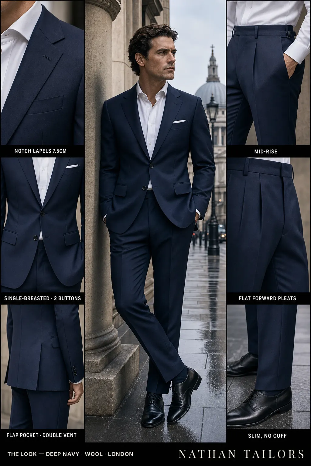 deep navy single-breasted notch-lapel bespoke suit — AI-rendered by Nathan Tailors, the Hoi An custom tailor. Available as a custom tailored suit from $149.