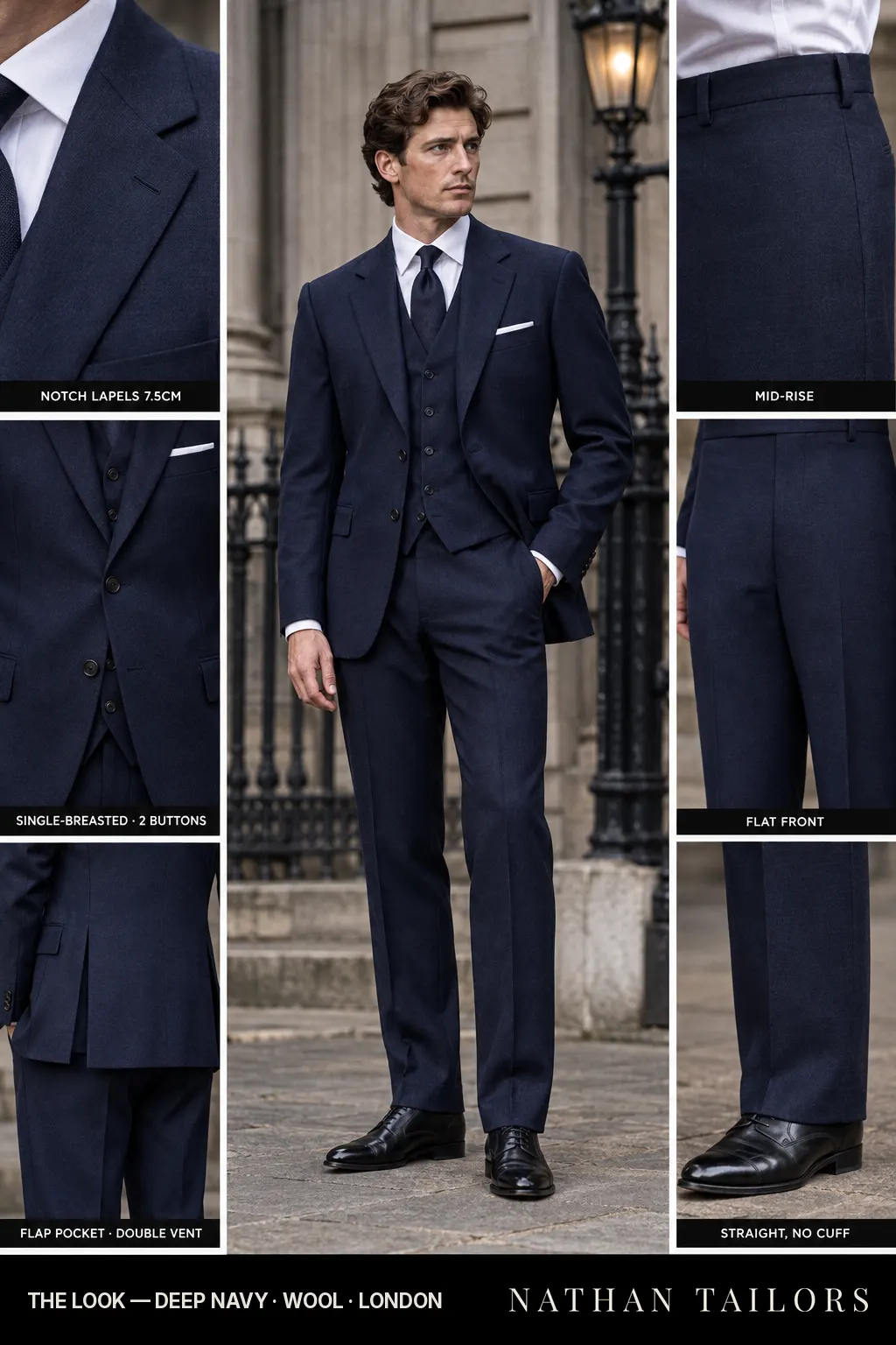 deep navy single-breasted bespoke suit โ custom tailored by Nathan Tailors, the Hoi An custom tailor
