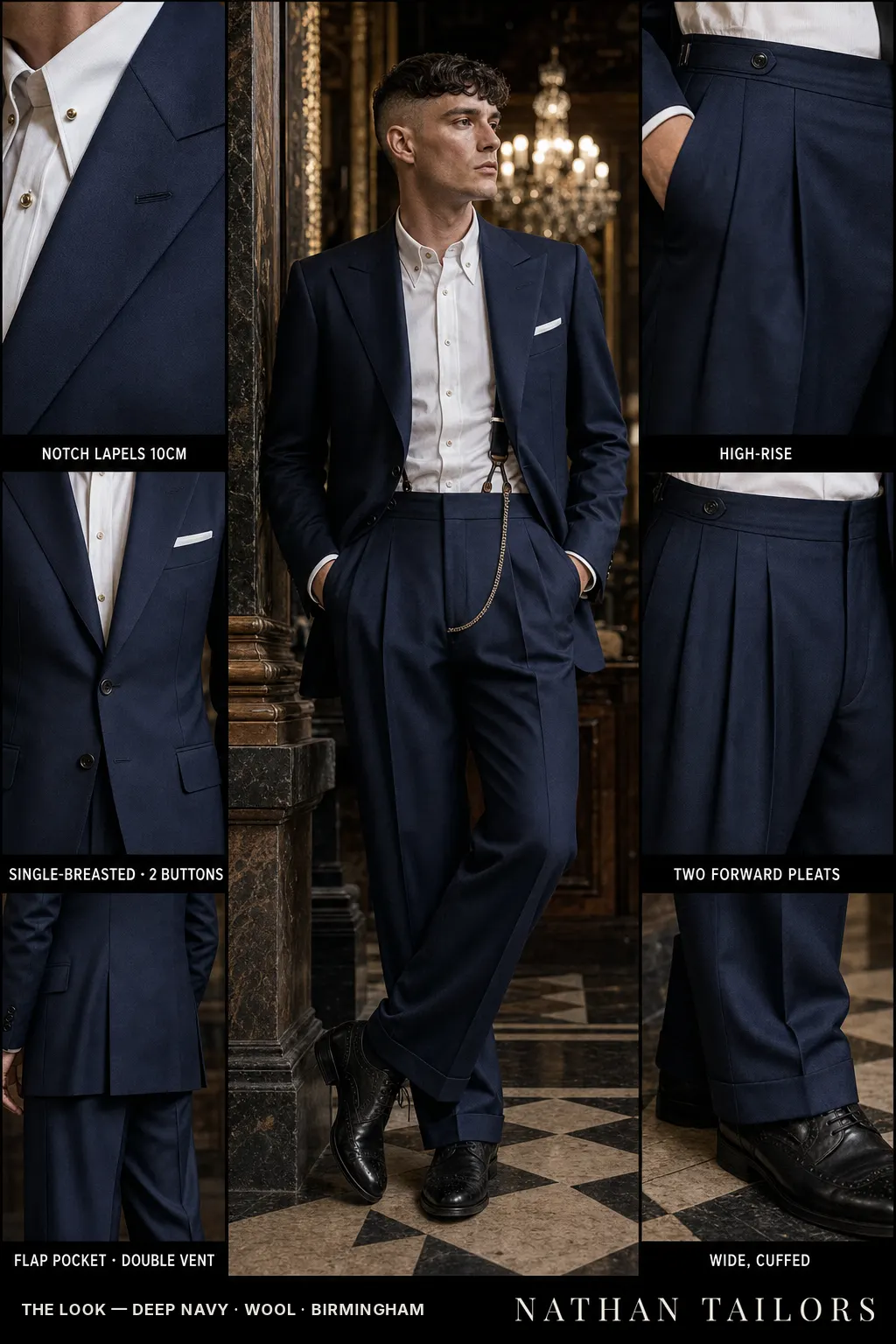 deep navy single-breasted notch-lapel bespoke suit — AI-rendered by Nathan Tailors, the Hoi An custom tailor. Available as a custom tailored suit from $149.