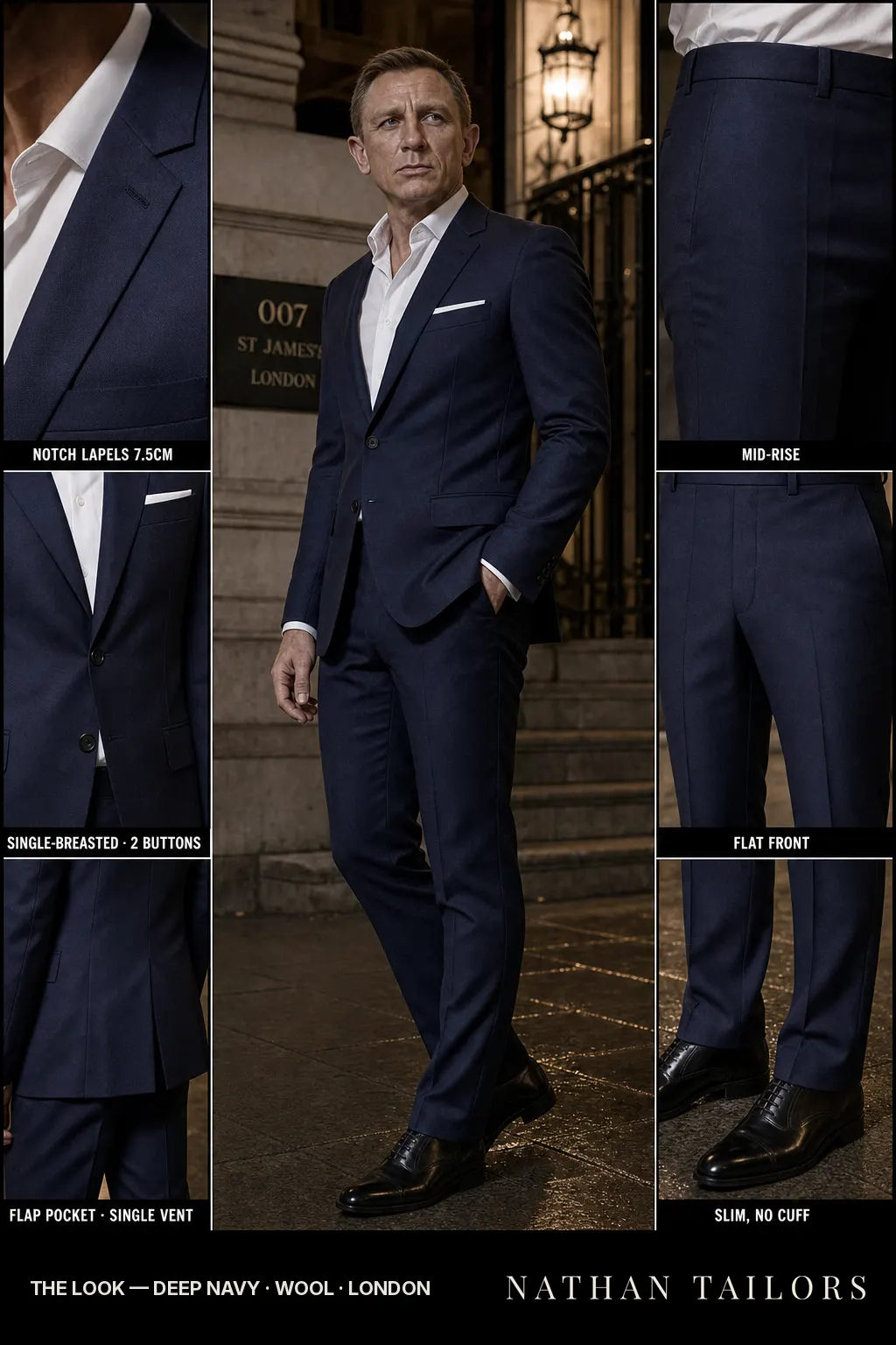deep navy single-breasted notch-lapel bespoke suit โ AI-rendered by Nathan Tailors, the Hoi An custom tailor. Available as a custom tailored suit from $149.