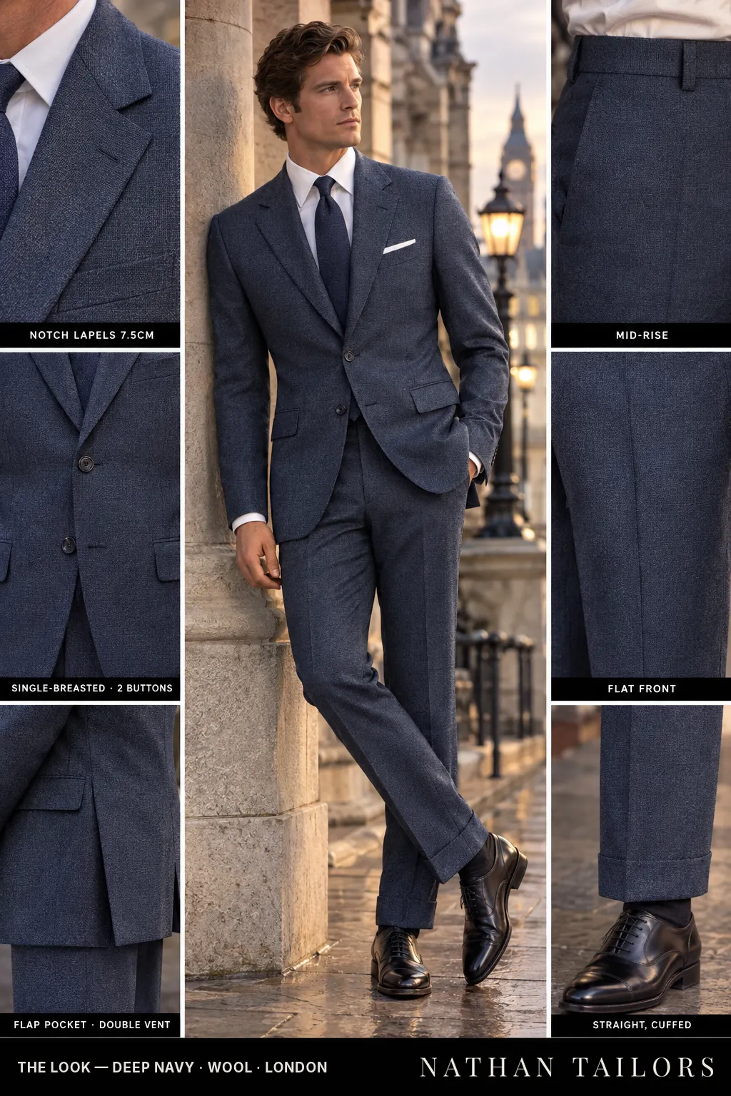 deep navy single-breasted notch-lapel bespoke suit — AI-rendered by Nathan Tailors, the Hoi An custom tailor. Available as a custom tailored suit from $149.