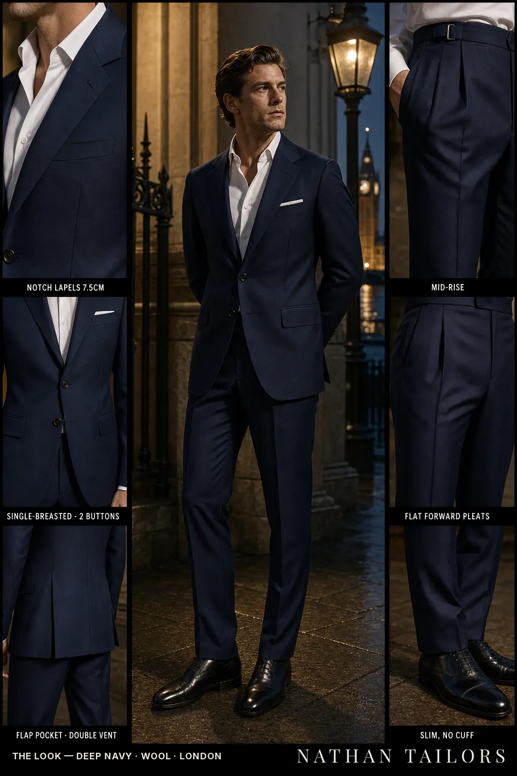 deep navy single-breasted notch-lapel bespoke suit — AI-rendered by Nathan Tailors, the Hoi An custom tailor. Available as a custom tailored suit from $149.
