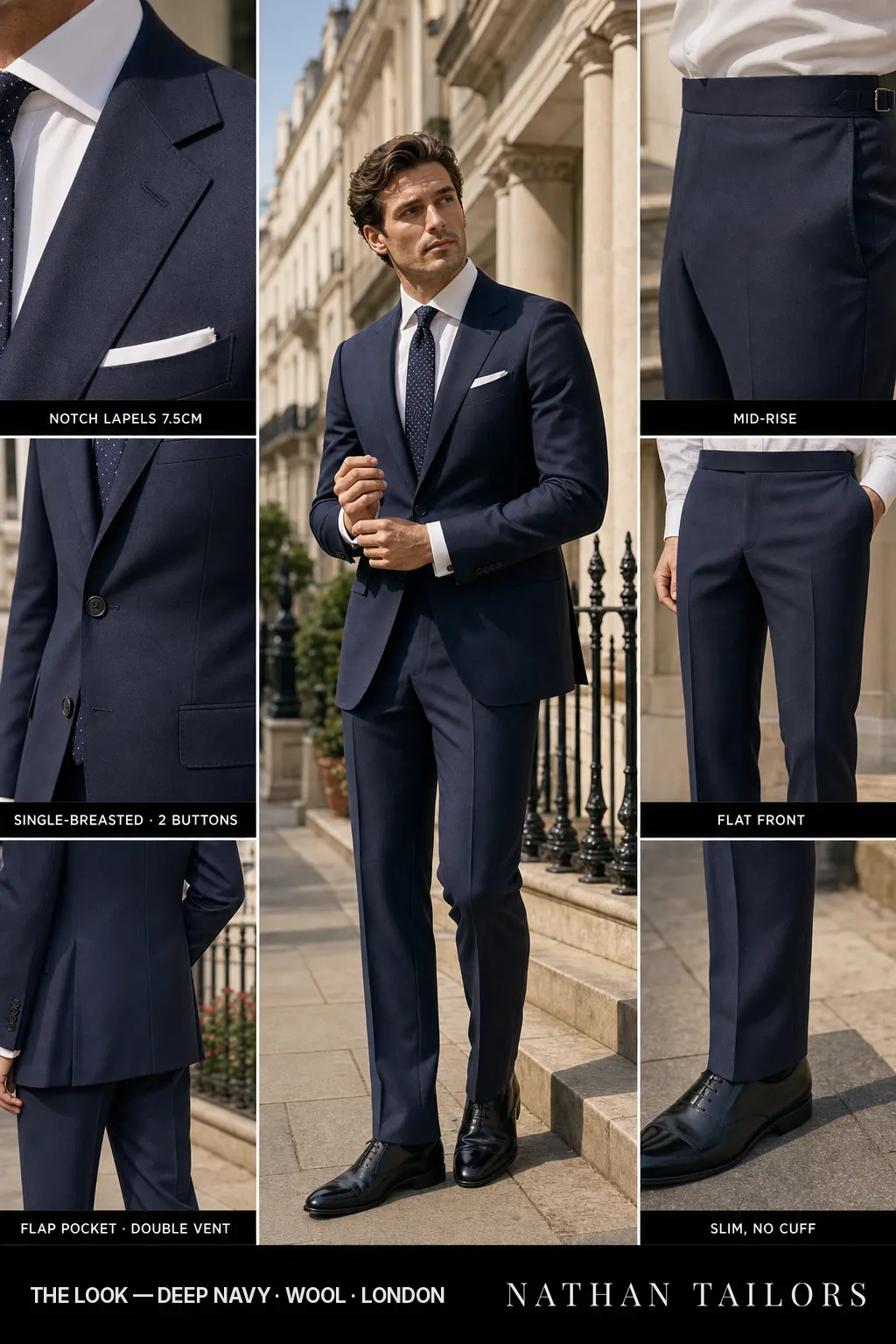 deep navy single-breasted bespoke suit — custom tailored by Nathan Tailors, the Hoi An custom tailor