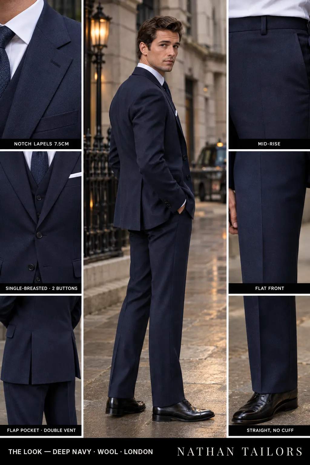 deep navy single-breasted bespoke suit — custom tailored by Nathan Tailors, the Hoi An custom tailor
