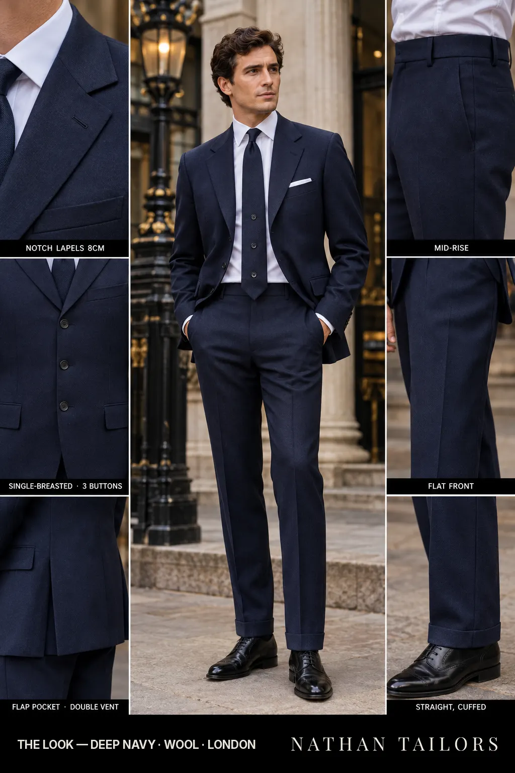 deep navy single-breasted bespoke suit โ custom tailored by Nathan Tailors, the Hoi An custom tailor