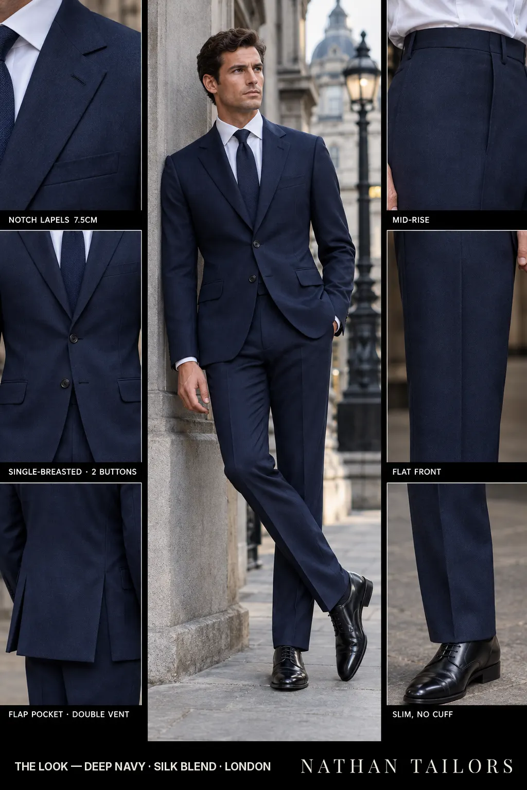 deep navy single-breasted bespoke suit — custom tailored by Nathan Tailors, the Hoi An custom tailor