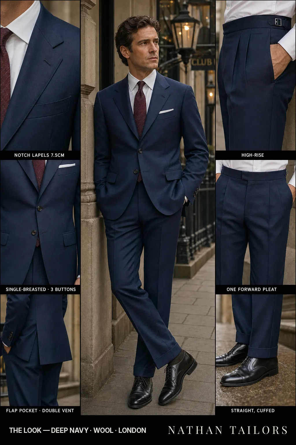 deep navy single-breasted notch-lapel bespoke suit — AI-rendered by Nathan Tailors, the Hoi An custom tailor. Available as a custom tailored suit from $149.