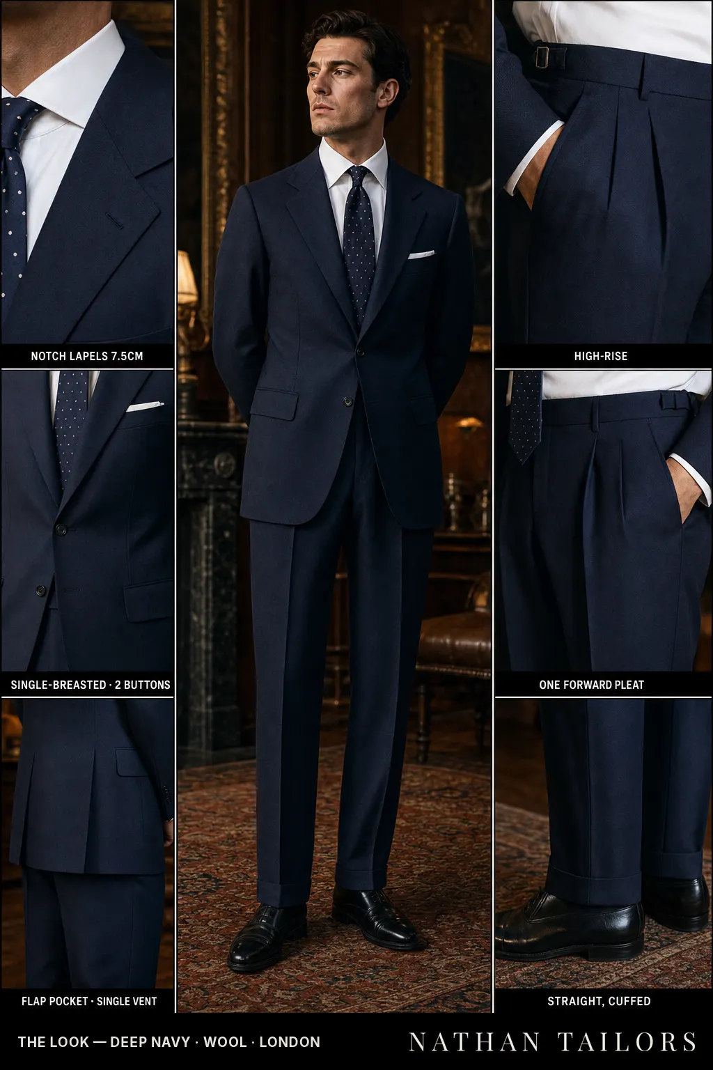 deep navy single-breasted notch-lapel bespoke suit — AI-rendered by Nathan Tailors, the Hoi An custom tailor. Available as a custom tailored suit from $149.