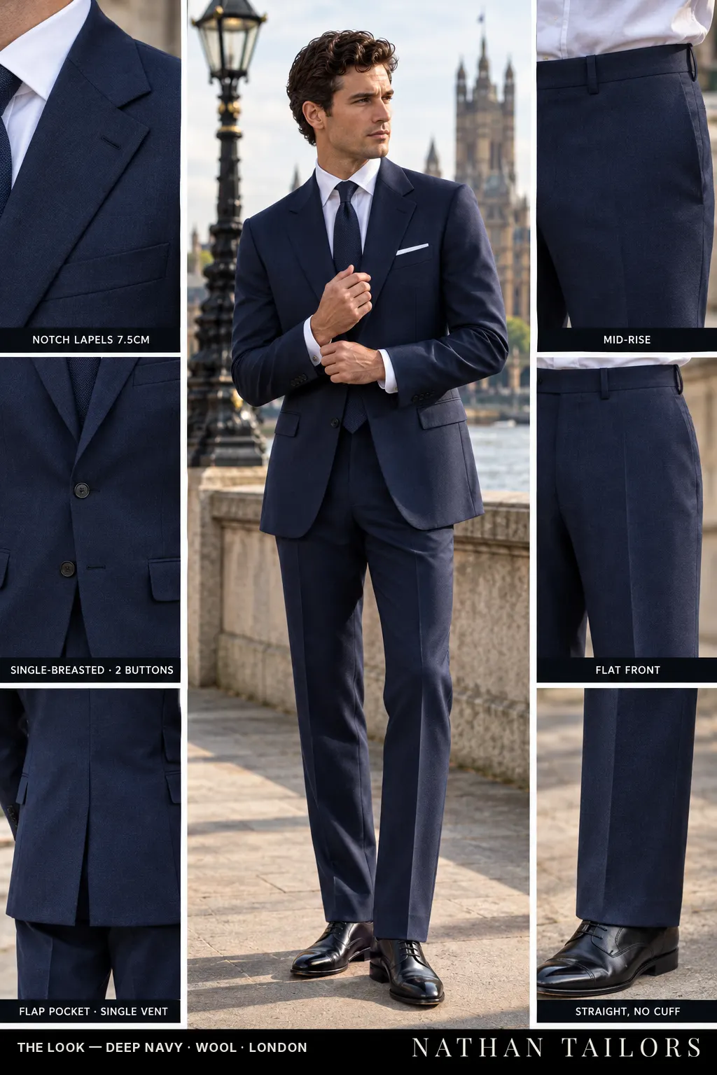 deep navy single-breasted bespoke suit โ custom tailored by Nathan Tailors, the Hoi An custom tailor
