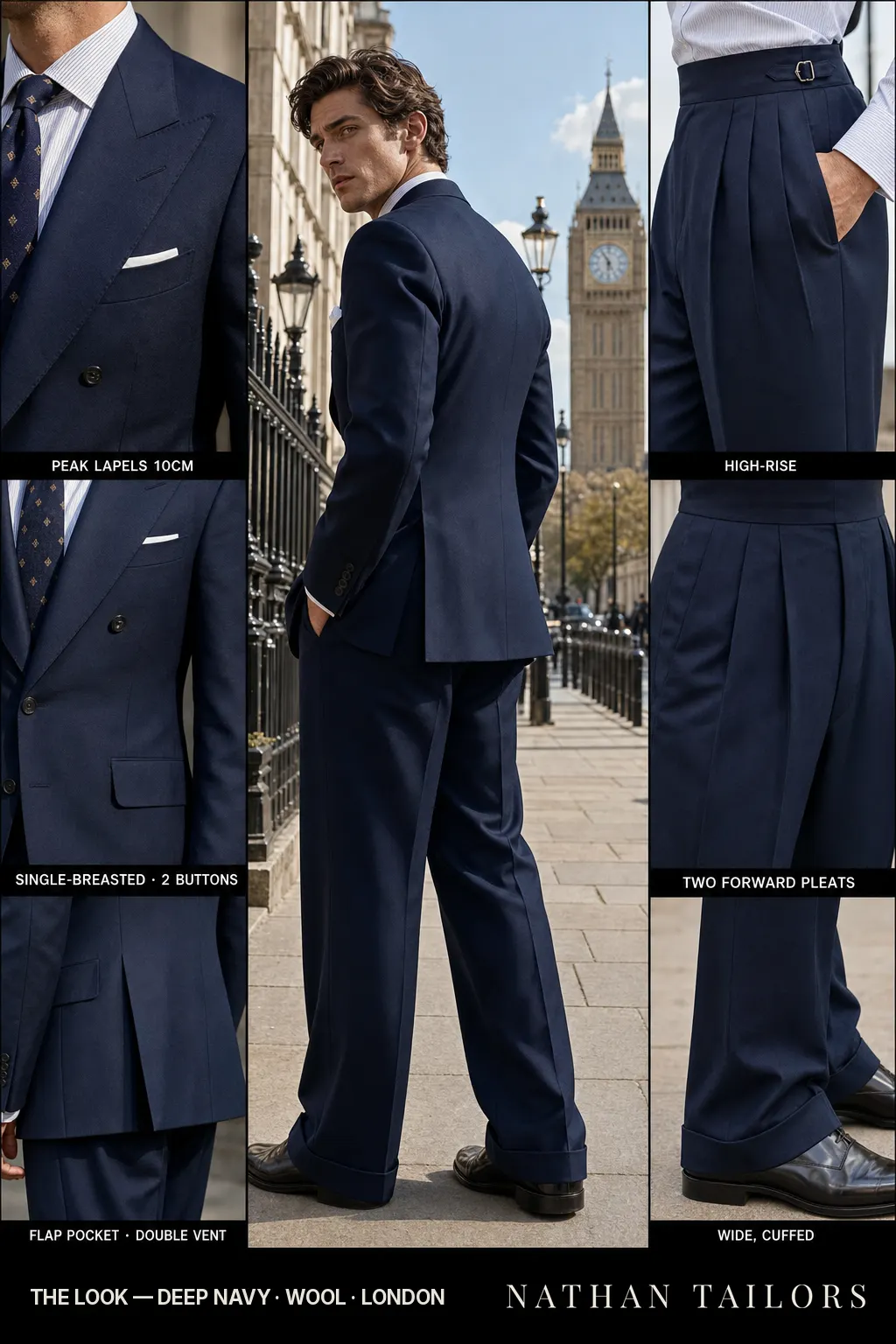 deep navy single-breasted peak-lapel bespoke suit — AI-rendered by Nathan Tailors, the Hoi An custom tailor. Available as a custom tailored suit from $149.