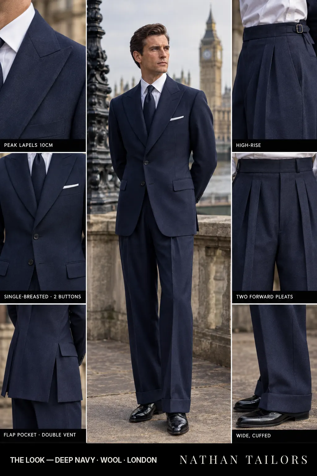 deep navy single-breasted bespoke suit โ custom tailored by Nathan Tailors, the Hoi An custom tailor