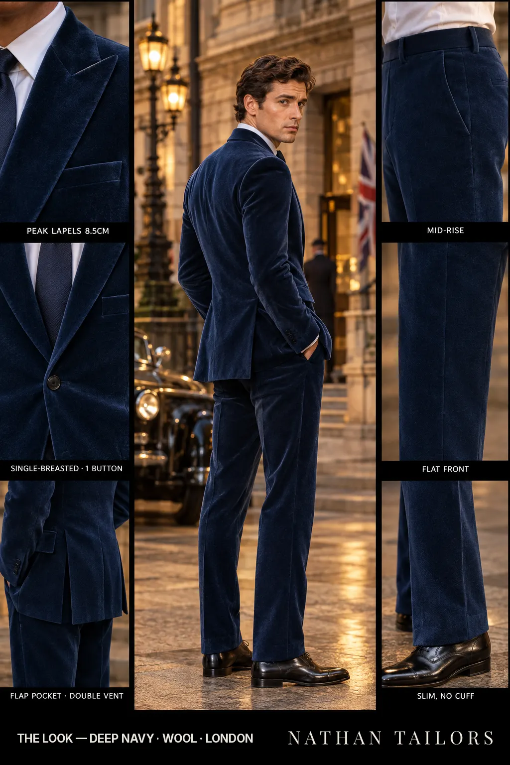 deep navy single-breasted bespoke suit — custom tailored by Nathan Tailors, the Hoi An custom tailor