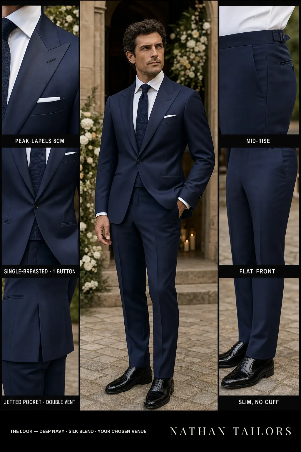 deep navy single-breasted peak-lapel bespoke suit — AI-rendered by Nathan Tailors, the Hoi An custom tailor. Available as a custom tailored suit from $149.