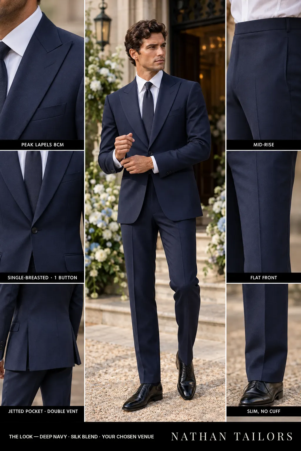 deep navy single-breasted bespoke suit โ custom tailored by Nathan Tailors, the Hoi An custom tailor