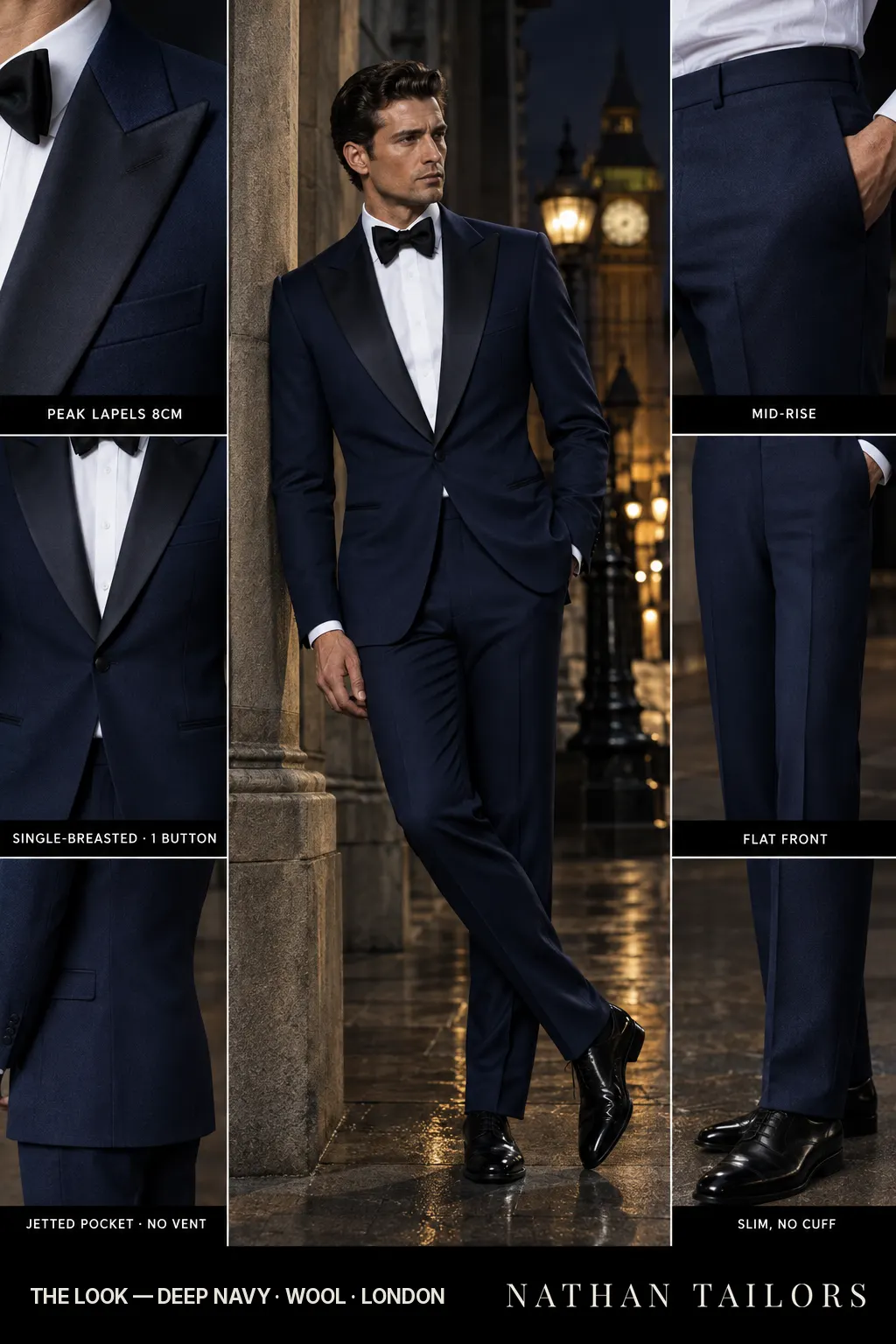deep navy single-breasted peak-lapel bespoke suit โ AI-rendered by Nathan Tailors, the Hoi An custom tailor. Available as a custom tailored suit from $149.