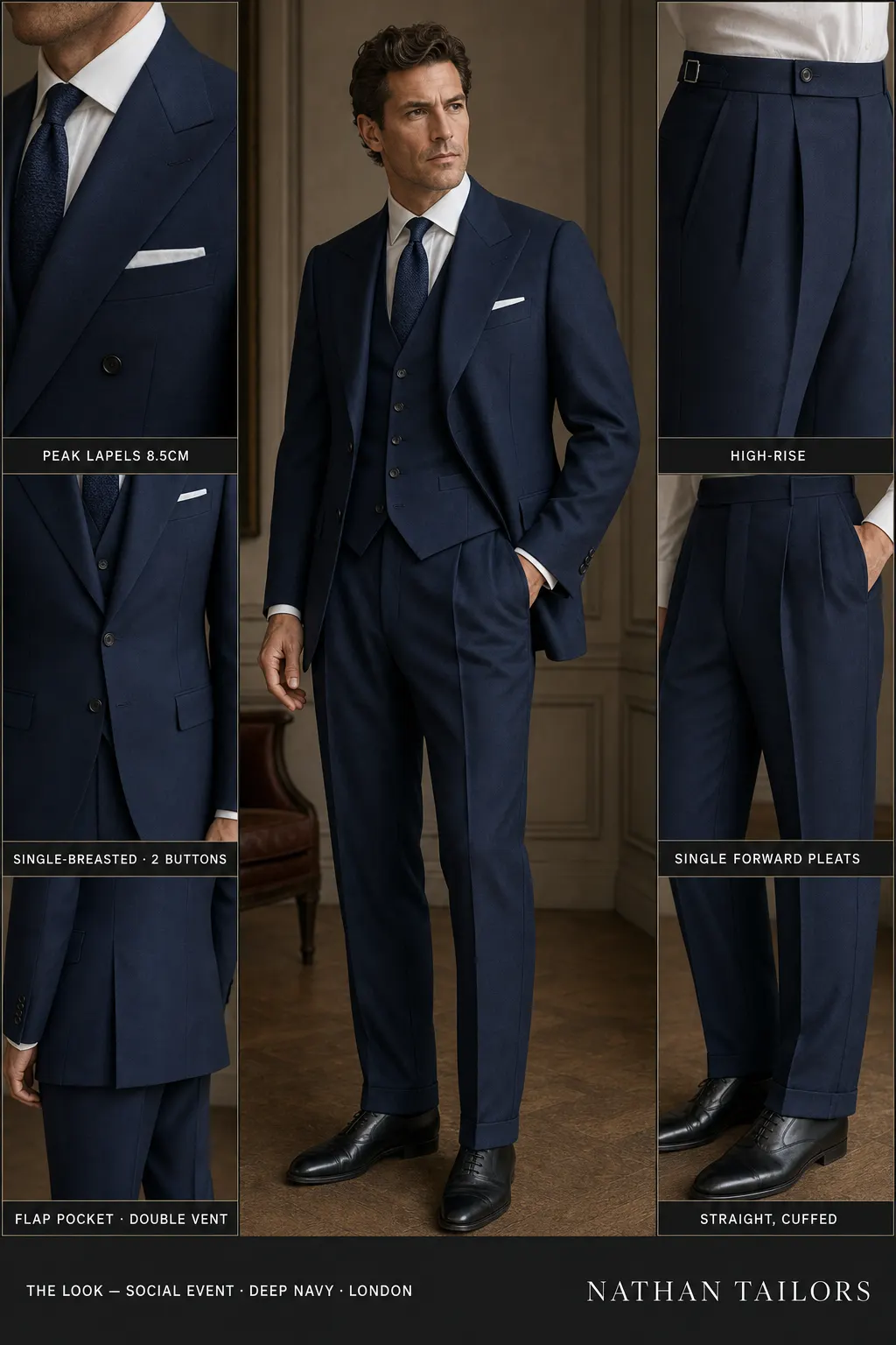 deep navy single-breasted peak-lapel bespoke suit โ AI-rendered by Nathan Tailors, the Hoi An custom tailor. Available as a custom tailored suit from $149.