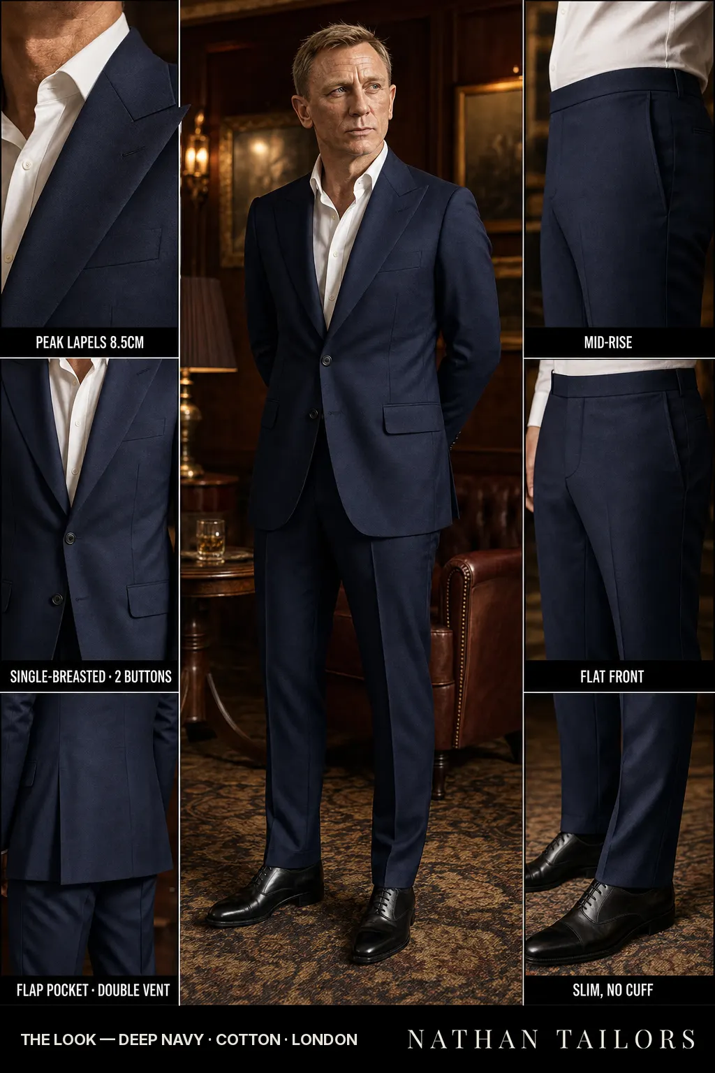 deep navy single-breasted peak-lapel bespoke suit — AI-rendered by Nathan Tailors, the Hoi An custom tailor. Available as a custom tailored suit from $149.