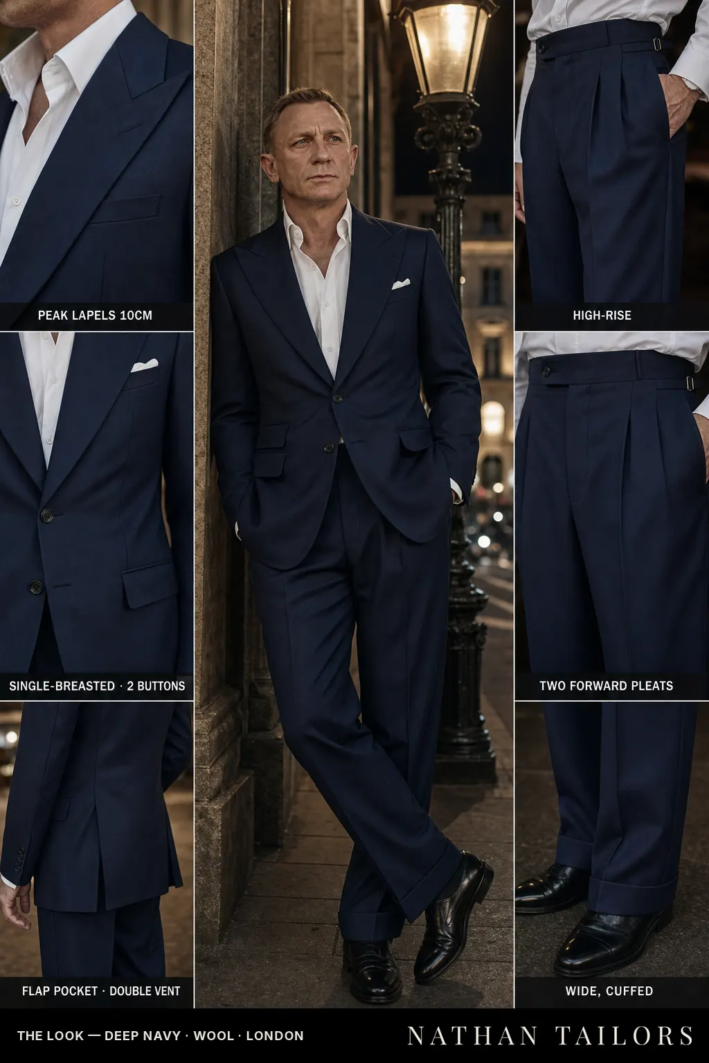 deep navy single-breasted peak-lapel bespoke suit โ AI-rendered by Nathan Tailors, the Hoi An custom tailor. Available as a custom tailored suit from $149.