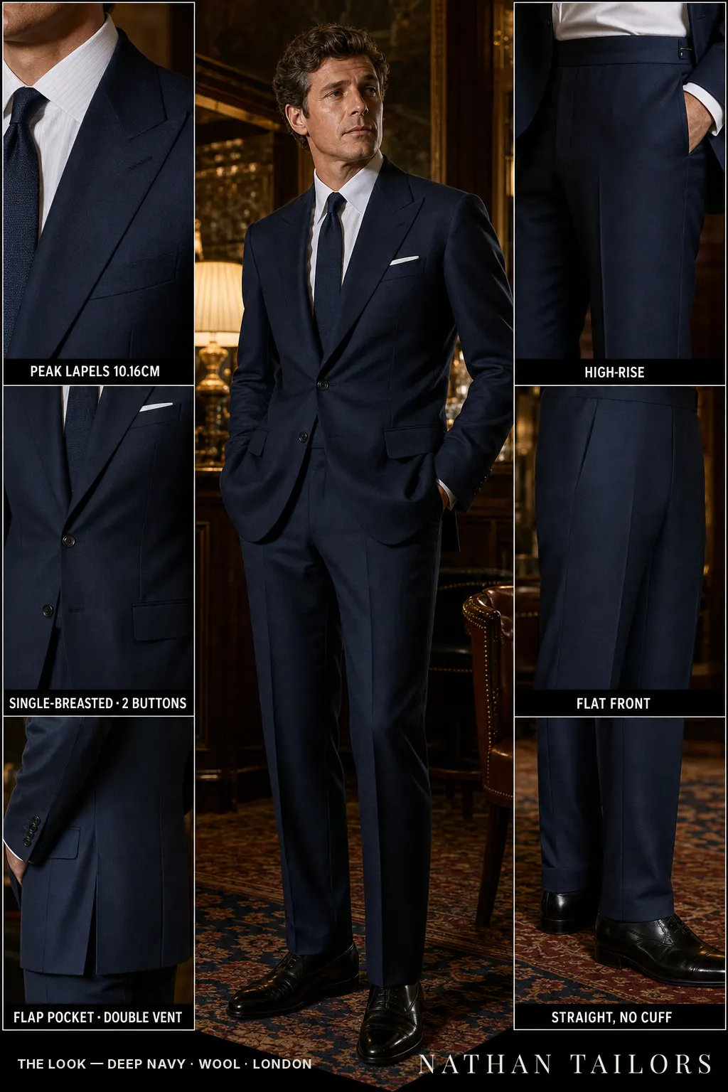 deep navy single-breasted peak-lapel bespoke suit — AI-rendered by Nathan Tailors, the Hoi An custom tailor. Available as a custom tailored suit from $149.