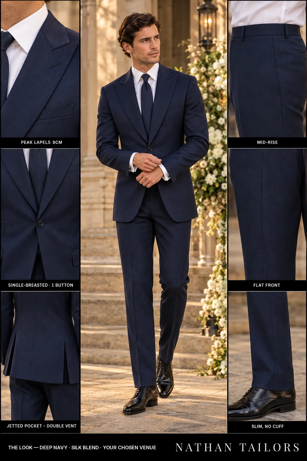 deep navy single-breasted bespoke suit — custom tailored by Nathan Tailors, the Hoi An custom tailor