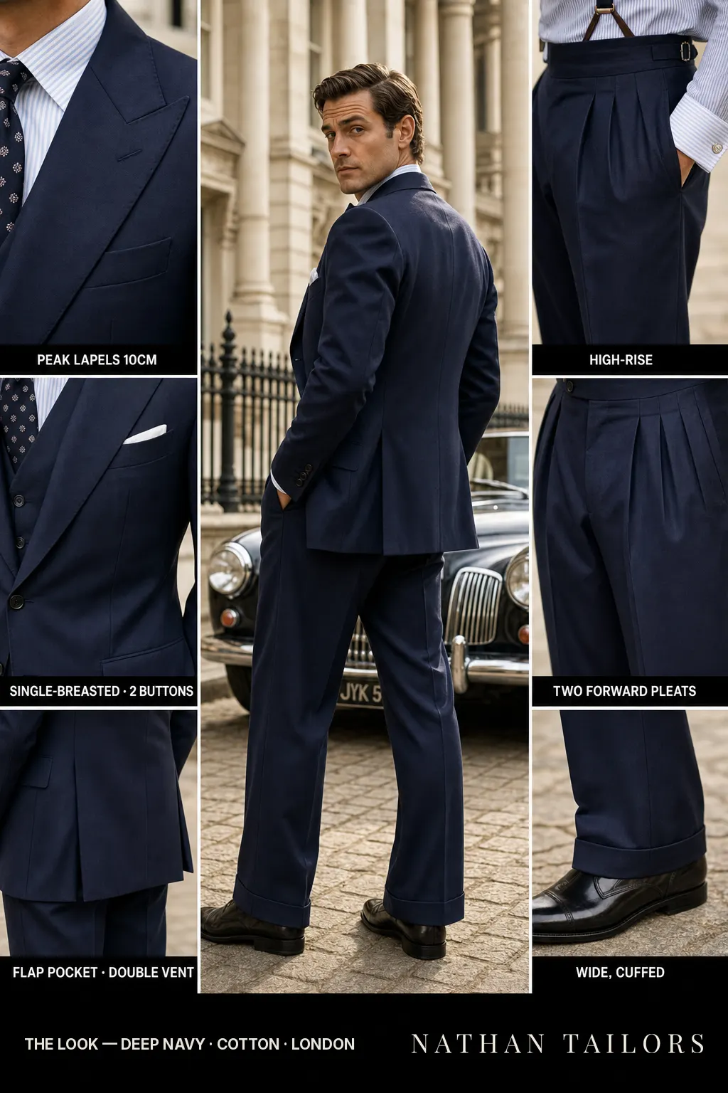 deep navy single-breasted peak-lapel bespoke suit — AI-rendered by Nathan Tailors, the Hoi An custom tailor. Available as a custom tailored suit from $149.