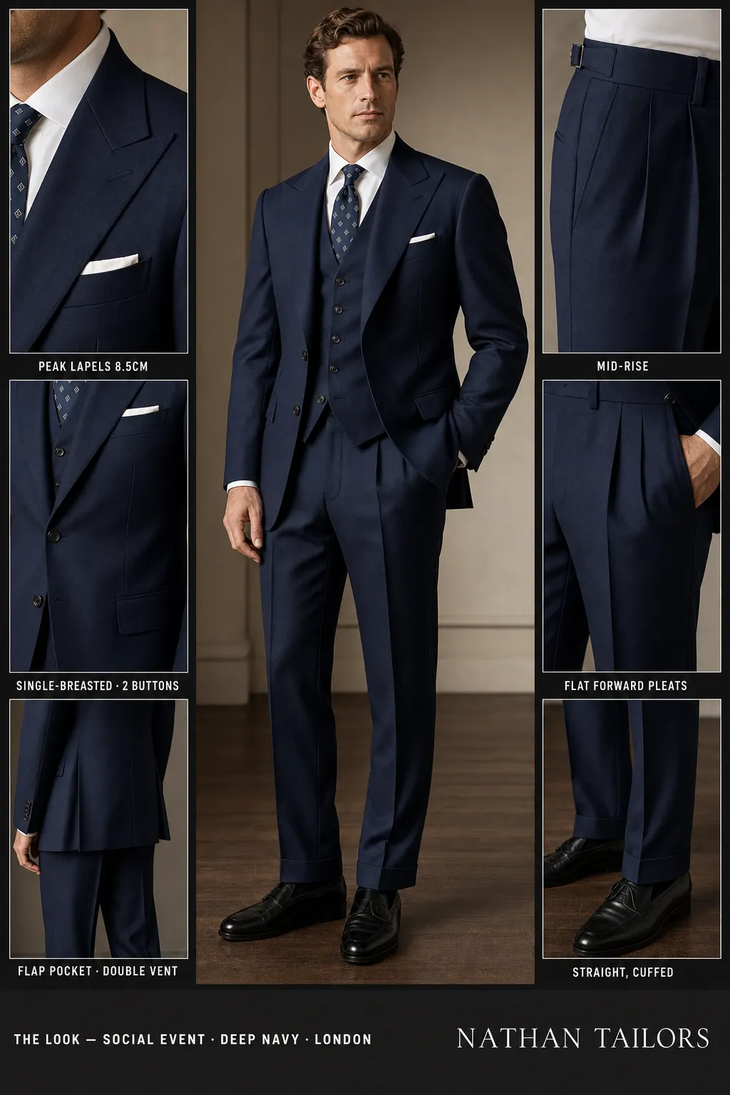 deep navy single-breasted peak-lapel bespoke suit — AI-rendered by Nathan Tailors, the Hoi An custom tailor. Available as a custom tailored suit from $149.