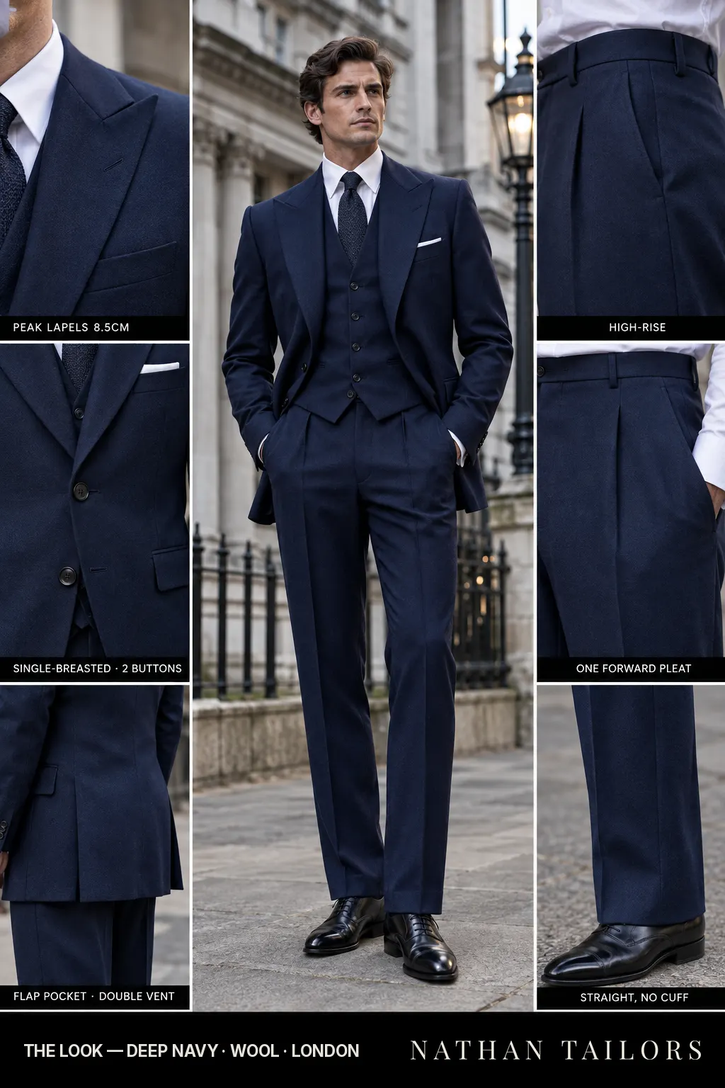 deep navy single-breasted bespoke suit — custom tailored by Nathan Tailors, the Hoi An custom tailor