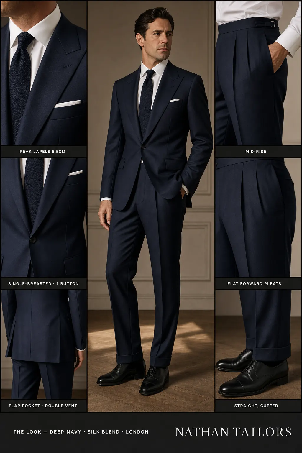 deep navy single-breasted peak-lapel bespoke suit โ AI-rendered by Nathan Tailors, the Hoi An custom tailor. Available as a custom tailored suit from $149.
